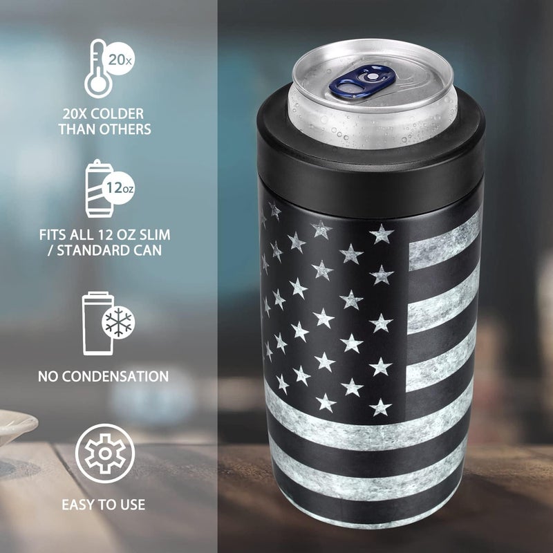 ITSLIFE 4-in-1 Slim Can Cooler Easy to Hold Insulated Beer Can Holder Double-walled Stainless Steel for All 12 Oz Cans Gift (Black America Flag 2) - Image 2